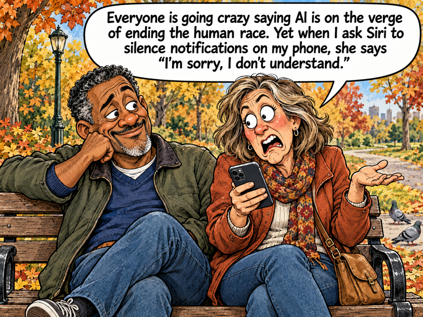 Cartoon of two people on an autumn park bench; a woman shows her phone and complains that Siri does not understand a request to silence notifications, even though AI is supposedly about to end humanity.