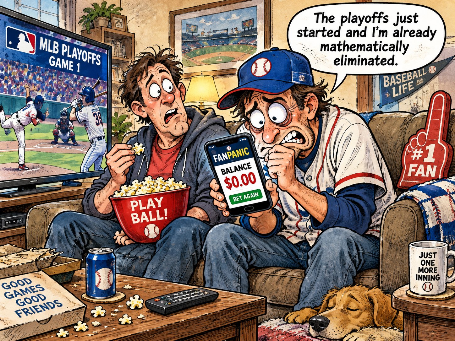 Cartoon of two men on a couch watching baseball playoffs, one staring at a betting app showing a zero balance.